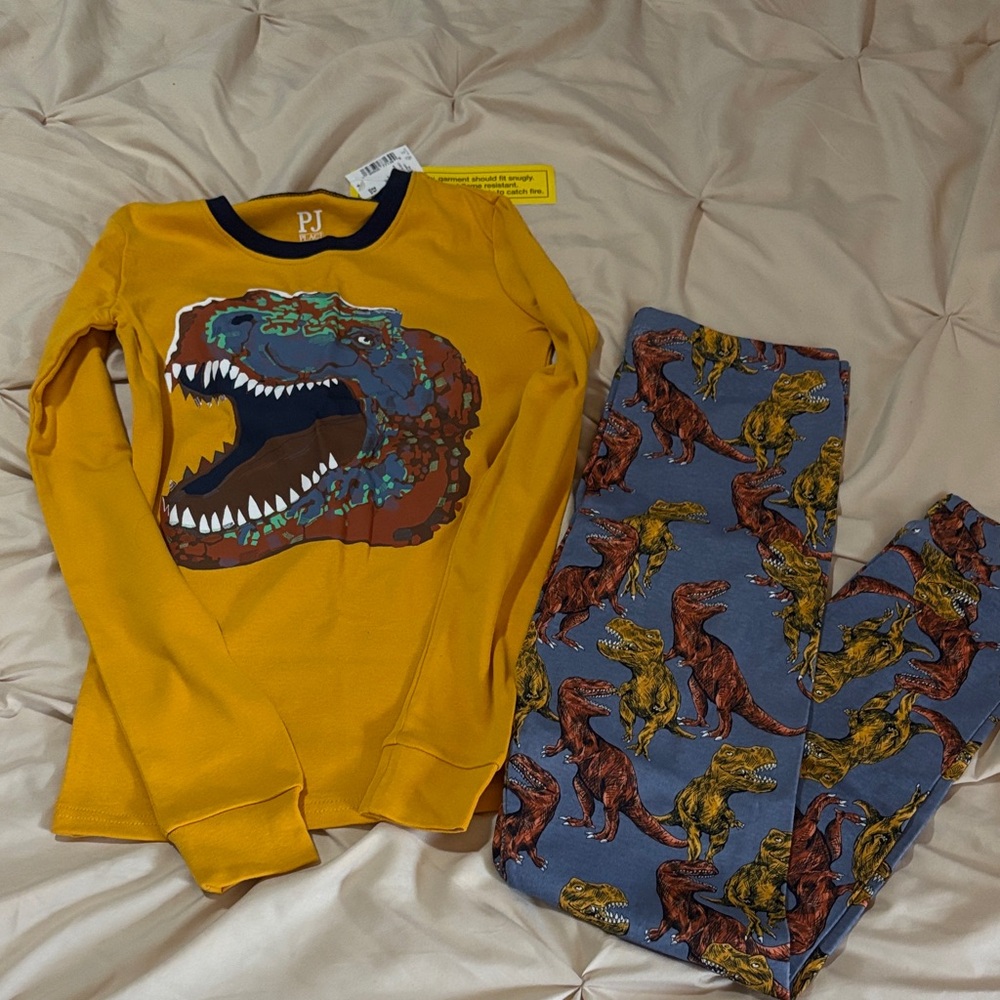 2 sets of Dinosaurs pjs Kids Mustard Yellow Dino Graphic Pajama Set & Blue dino